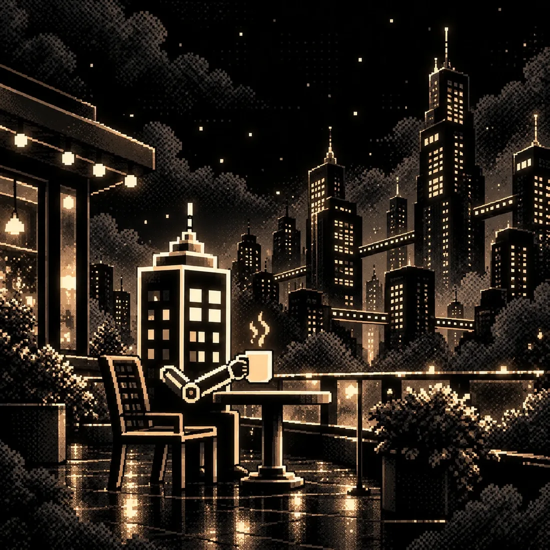A small tower sitting at a terrace table, holding a cup of coffee with a robot arm, skyline behind
