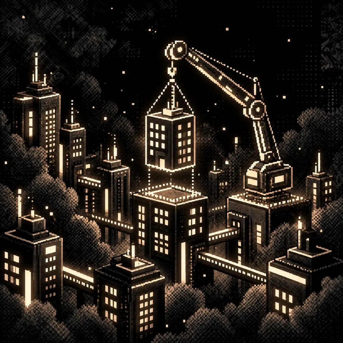 A crane lowering a glowing new floor onto a tower