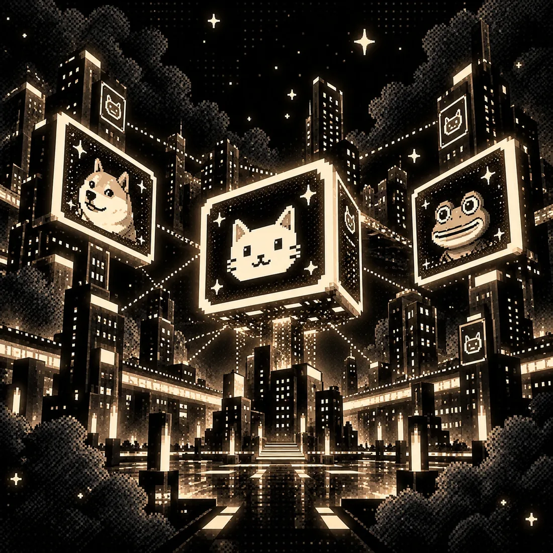 Giant glowing billboards between towers showing pixel portraits of a dog, a cat and a frog